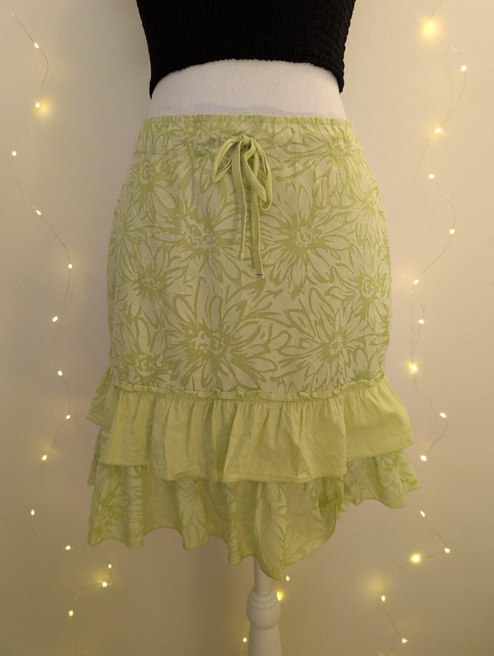 Light Green Floral Ruffle Midi Skirt